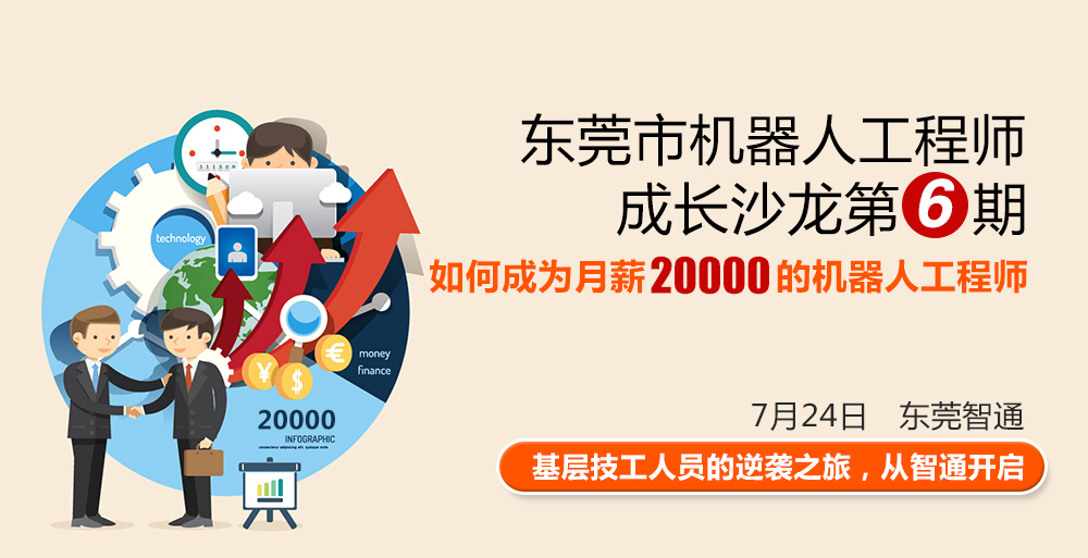 東莞市工業(yè)機器人工程師成長沙龍第六期，時間7月24日，地點東莞智通培訓學院。